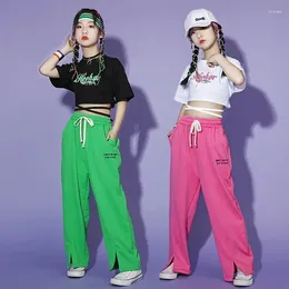 Stage Wear Criss Cross Tie Crop Top Tee Streetwear Split Sweat Pants For Girls Jazz Dance Costume Clothes Kid Kpop Hip Hop Clothing