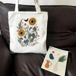 Shopping Bags Botanical Flower Printed Reusable Bag Eco Women Canvas Tote Cartoon Foldable Shoulder Bag.
