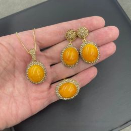 Natural Yellow Beeswax Jade Three-piece Personality Exquisite Czech Rhinestone High Class Necklace Women's Fashion Jewellery