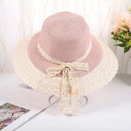 Wide Brim Hats Lace Bowknot Girls Straw Solid Colour Sun Hat Comfortable Lightweight Breathable Elegant Trendy Travel UV