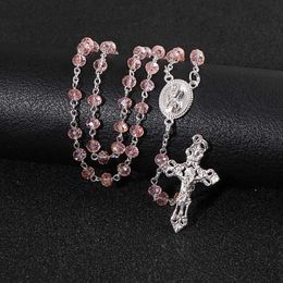 KOMi Pink Rosary Beads Cross Pendant Long Necklace For Women Men Catholic Christ Religious Jesus Jewellery Gift R-2333099