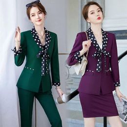 Women's Two Piece Pants Long Sleeve Elegant Slim Green Work Uniforms Purple Formal Wear Black Women Suit White Collar