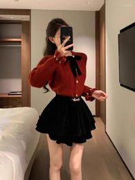 Work Dresses Sweet Fashion Knit Cardigan Cake Skirt Two-piece Set Women Korean Bow Splice Bead Christmas Soft Year Winter Slim Chic Suit