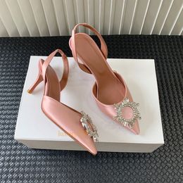 Designer slingbacks sandals dress shoes rhinestones pumps satin crystal high heels genuine leather pointed sexy womens luxury party wedding shoe with box
