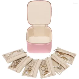 Jewelry Pouches Portable Storage Box Zipper Velvet PU Earrings Necklace With 6 Pouch Pendant Rings Bag Solid Color