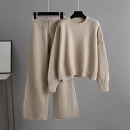 Women Round Collar Knitted Pullover Sweater Set Autumn Winter Pant Sets Casual 2 Piece Warm Solid Colour Trousers Suit 240309