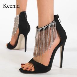 Kcenid Women's Stiletto Sandals Luxury Rhinestone Fringe Open-toe Stiletto Sandals Ankle Strap Sandals Prom Stripper Shoes 240312