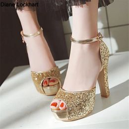 Pumps Summer New Peep Toe Shiny Sequins High Heels Women Platform Sandals Party Dress Wedding Pumps Ladies Shoes Gold Zapatos Mujer