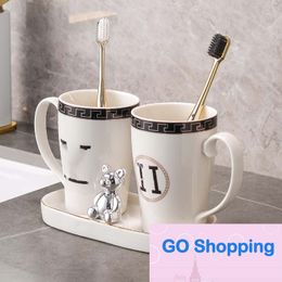 High-end White Ceramic Toothbrush Cup Couple's Gold-Plated Mouthwash Cups Storage Rack Bathroom Simple Wash Cup Brushing Cups Cover