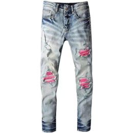 Light blue top designer jeans mens jeans luxurious classic long pants mens American street silver patchwork distressed couples comfortable jeans Mens Clothing