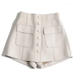 Women's Shorts Leather Skirt For Women 2024 Korean Harajuku High Waist Pocket Single Breasted A-line Pants Lady White Casual Skorts