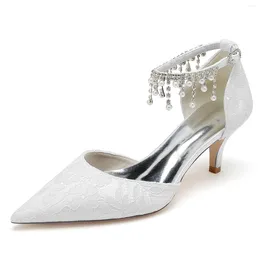Sandals Women White Lace Flower Pearls Tassel High-heeled Pointed Pearl Chain Buckle Wedding Bridesmaid Shoes 6cm Middle Heel