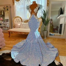 Sparkle Blue Sequined Prom Dresses 2024 New Sheer Plunging Neck Lace Applique Feather beads Women Birthday Party Evening Gowns Black Girls vestido de bal