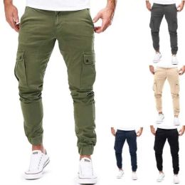 Pants Mens Elasticated Waist Cargo Combat Work Trousers Pocket Cuffed Joggers Pants Men's Multiple Pockets Pencil Pants Men's Trousers