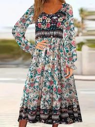Casual Dresses 2024 Spring Women's Long-sleeved Printed Dress Europe And The United States V-neck Headset A Line Long Skirt Fashion