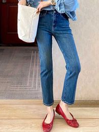 Women's Jeans High-quality Dark Blue Pants 2023 Chic High-waist Straight Leg Ankle Length Jeans Trousers Jeans Korean Dongdaemun FashionC24318