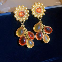 Stud Earrings Orange Tassel Flower Water-Drops Temperament Exaggerated Earings Statement Bijoux Wholesale Girl