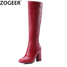 Boots Fashion Winter Knee High Boots Women PU Leather Block High Heel Tall Long Boots Female Zipper Ladies Shoes Black Red Quality