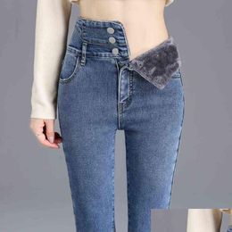 Jeans da donna Inverno Donna Addensare Stretch Skinny Fleece Donna Vita alta Bottone Nero Caldo Lady Vintage Denim Matita Pantaloni coreani 2111 Otblt