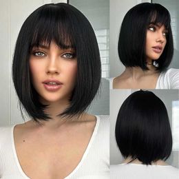 Synthetic Wigs 30.48cm Black Bangs Natural Short Straight Wig Women Shoulder Length Synthetic Suitable for Daily Cosplay Halloween Party Use 240328 240327