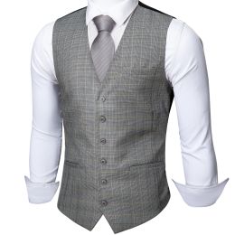 Vests Barry.Wang Mens Light Grey Plaid Waistcoat Blend Tailored Collar Vneck 3 Pocket Cheque Suit Vest Tie Set Formal Leisure MD2305