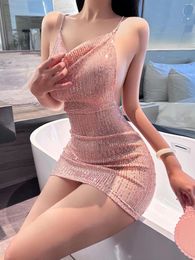 Casual Dresses Nightclub Lingerie Sexy Buttocks Fine Sparkling Mature Charm Elegant Gentle Sequin Neck Hanging Deep V Spicy Strap Dress W95D