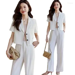 Women's Two Piece Pants Ladies Short Sleeve Blazer And Pant Suit Women Female Jacket Trouser Business Work Wear Formal 2 Set For Spring