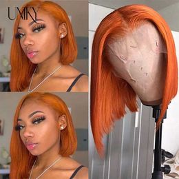 Synthetic Wigs Bone Straight Bob Wig Ginger Orange Colored T Lace Human Hair Wigs For Women Transparent Lace Wig Prepluck Brazilian Human Hair 240329