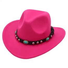 Western Cowboy Hat with Turquoise Belt Pink Curved Brim Felt Panama Cap Cowgirl Fedoras ParentChild Sun for Adults Kids 240311