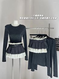 Work Dresses Korean Fashion Outfits 2 Piece Skirt Set Grey Knitwear Tops Low Waist Contrast Colour Pleated With Belt Gyaru Coquette