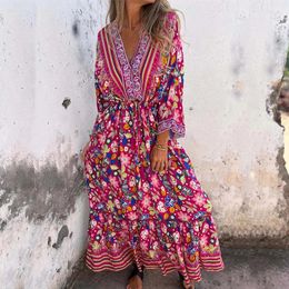 Casual Dresses Elegant V-neck Long Sleeve Bohemian Dress Women Fashion Floral Print Lace-up Waist Spring Fall Party