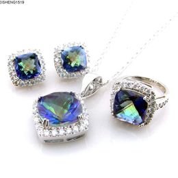 Mystic Rainbow Jewelry Set Wedding Ring Pendant and Earrings Natural Topaz Blue