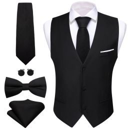 Vests Designer Men's Vest Black Solid Silk Satin Waistocat Bowtie Tie Hanky Set Sleeveless Jacket Male Suit Wedding Formal Barry Wang