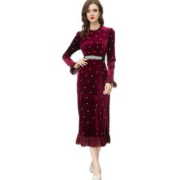 Women's Runway Dresses O Neck Long Sleeves Ruffles Beaded Elegant Fashion Casual Velvet Mid Vestidos