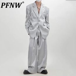 Suits PFNW Korean Fahsion Men's Suit Sets Niche Design Shoulder Pad Blazer Male Solid Colro Wide Leg Suit Pant Autumn 2023 New 28W1204