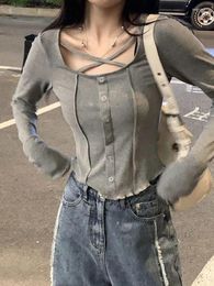 Women's T Shirts Deeptown Y2K Retro Crop Tops Women Harajuku Streetwear Slim Long Sleeve Korean Fashion Vintage Casual Basic Tees Grunge