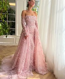 Pink Sweet 3D Flower Mermaid Prom Dress 2024 Train Luxury Off the Shoulder Sequins Flower Women Formal Prom Birthday Gown Robe De Soiree