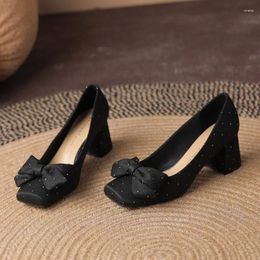 Sandals Design Thick Heel Women Summer Square Toe Butterfly Sandalias Shallow Silk Zapatos Elegant Fashion Lady Dress Shoes