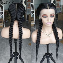 Black 2 Braids Synthetic Braided Lace Front Wig For Black Women Glueless Long Dutch Braids Lace Frontal Wig 240226