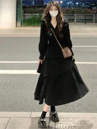 Party Dresses 2024 Autumn V-neck Sweet Tierred Long Sleeve Dress Women Black High Waist Japanese Cute Harajuku Preppy Style