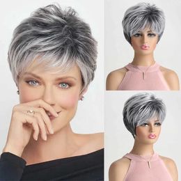 Synthetic Wigs Short Natural Wigs with Bangs Soft Mommy Hair Daily Use Short Grey Ombre Curly Synthetic Hair Costume Party Wig for Women 240328 240327