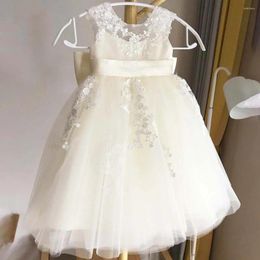 Girl Dresses Ivory Lace Flower Tulle Puffy With Satin Bow Sleeveless Kids Birthday Ball Gowns Princess First Communion
