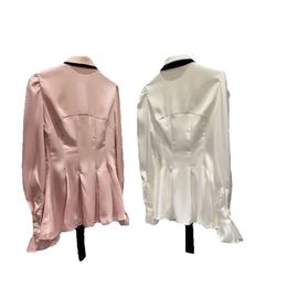 Women's Blouses 2023 Autumn Tie Turn Collar White Satin Shirt Women Elegant Long Sleeve Slim Waist All-Matching Pink And Tops GG