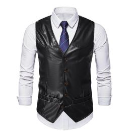 Vests Men's Retro PU Leather Vest For Male Formal Business Suit Vest Autumn Fashion Men Stylish Steampunk Vest Black Brown Waistcoat
