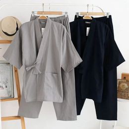 Japanese Style Kimono Cardigan Pants 2pcs Set Mens Nightwear Bathrobe Cotton Comfortable Home Suit Robe Sleepwear Daily Casual 240318