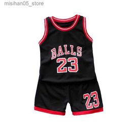 Jerseys Boys sports basketball suit summer new childrens fashion casual letter sleeveless baby vest+T-shirt 2-piece set for children Q240318