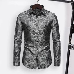 Men's Casual Shirts Men Fashion Dress Shirt Floral Print Slim Fit Long Sleeve Lapel Blouse For Spring/autumn Rose Flower Male