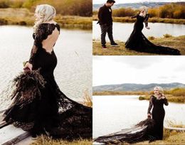 Vintage Black Gothic Mermaid Wedding Dresses Long Sleeves Lace Boho Open Back Bohemian Country Wedding Gowns Bridal Gowns1012708