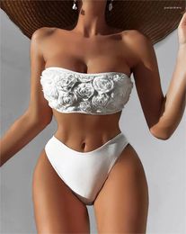 Women's Swimwear 2024 Stylish White 3D Flower Swimsuit 2pcs Bikini Swimming Suits