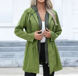 Women's Trench Coats Casual Coat In Spring 2024 Waistband And Double Zipper Contrasting Color Medium Length Long Sleeved Hooded Jacket